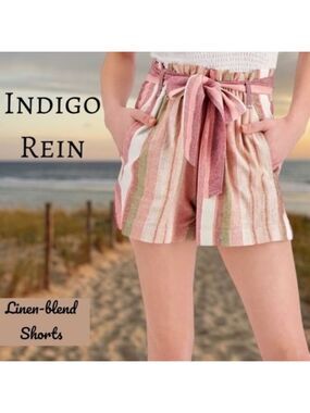 INDIGO REIN Juniors' Hayden Striped Belted Linen Blend Paper Bag Shorts NWT/Lg